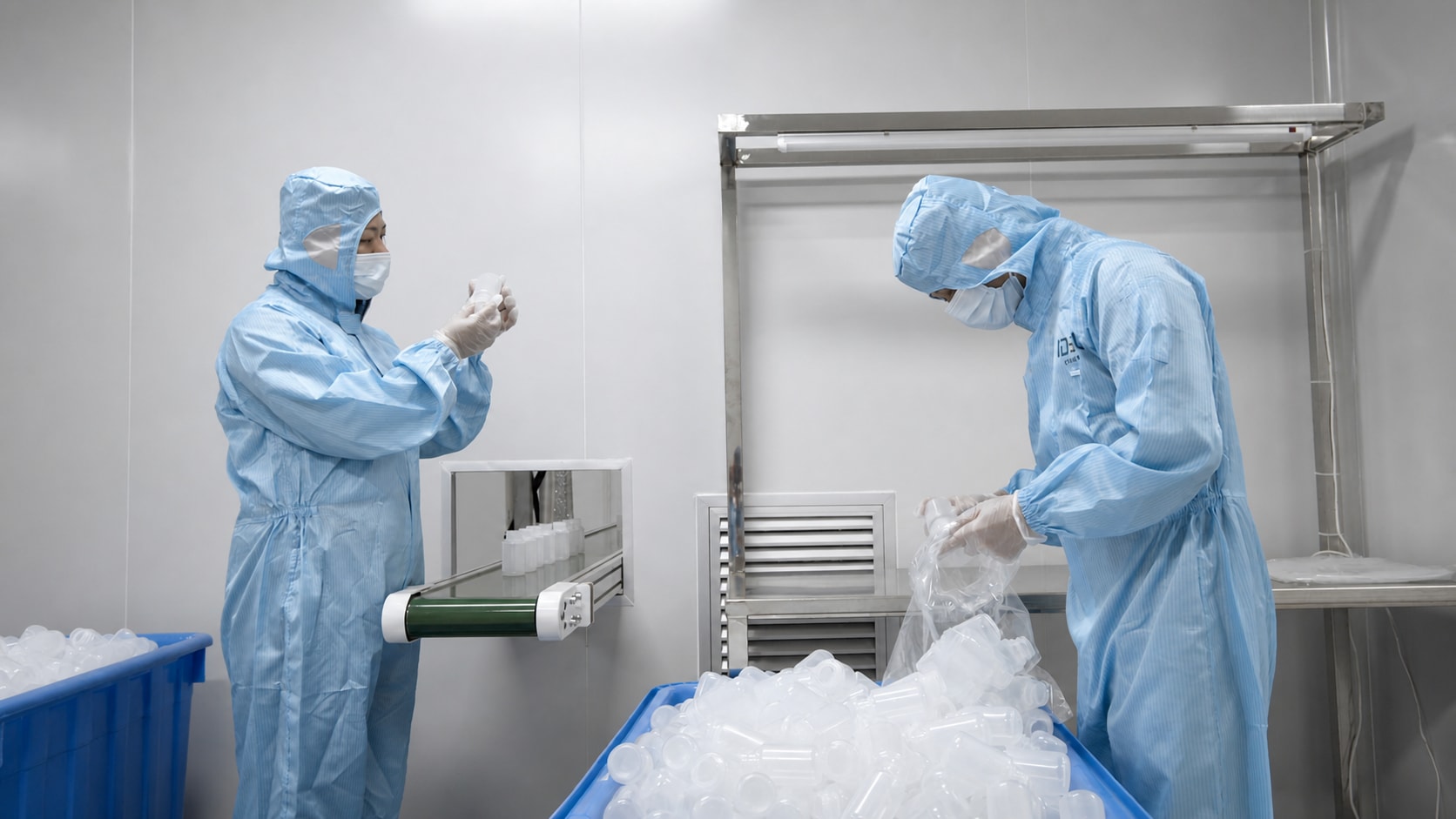 Cleanroom team inspecting and organizing manufactured containers