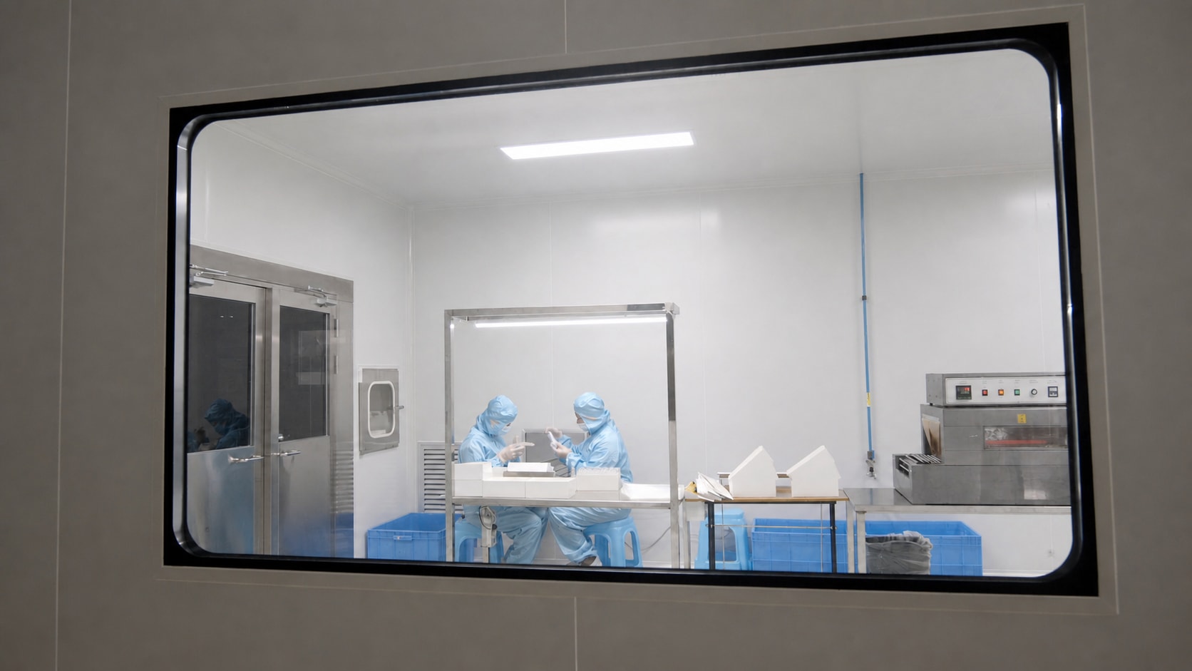 IDEAL team members working inside the cleanroom