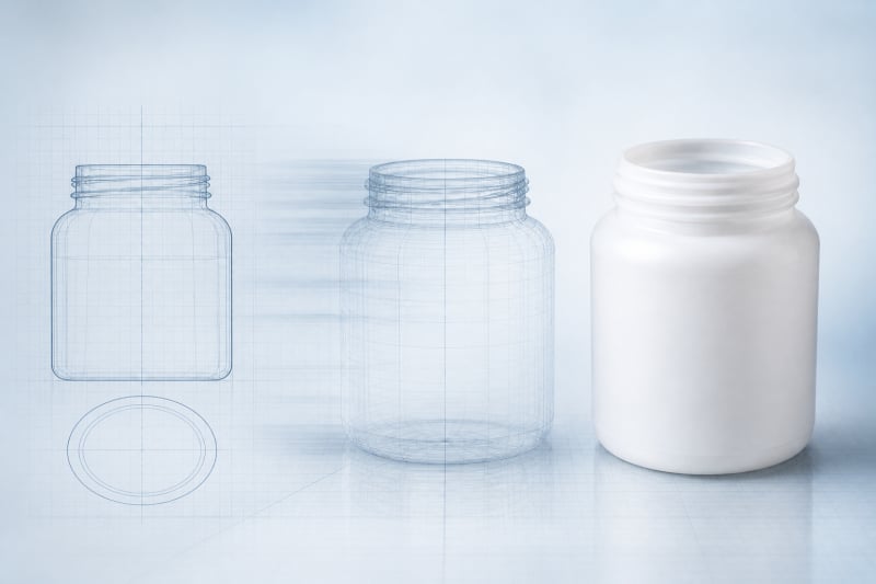 Wide-mouth HDPE reagent bottle emerging from an engineering drawing